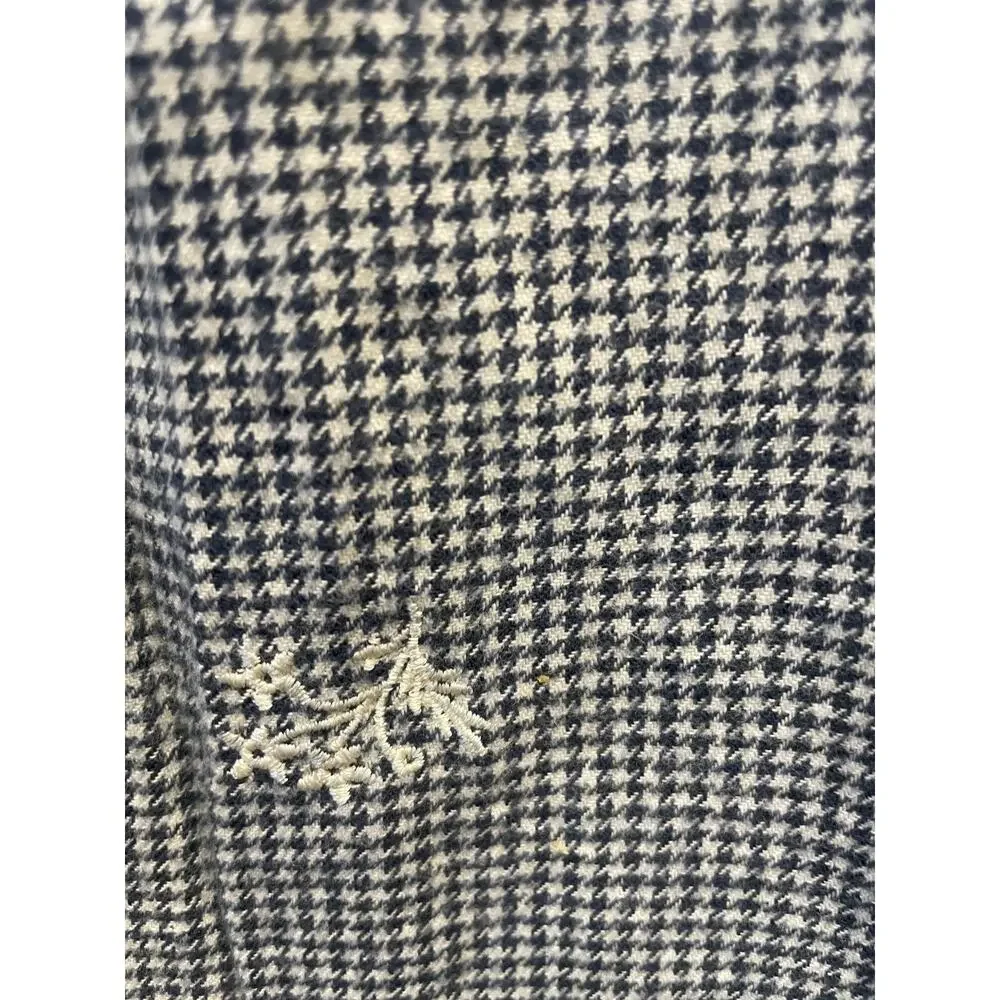 Madewell Women's V Neck Top Small Puff Sleeves Cropped Navy & Ivory Houndstooth